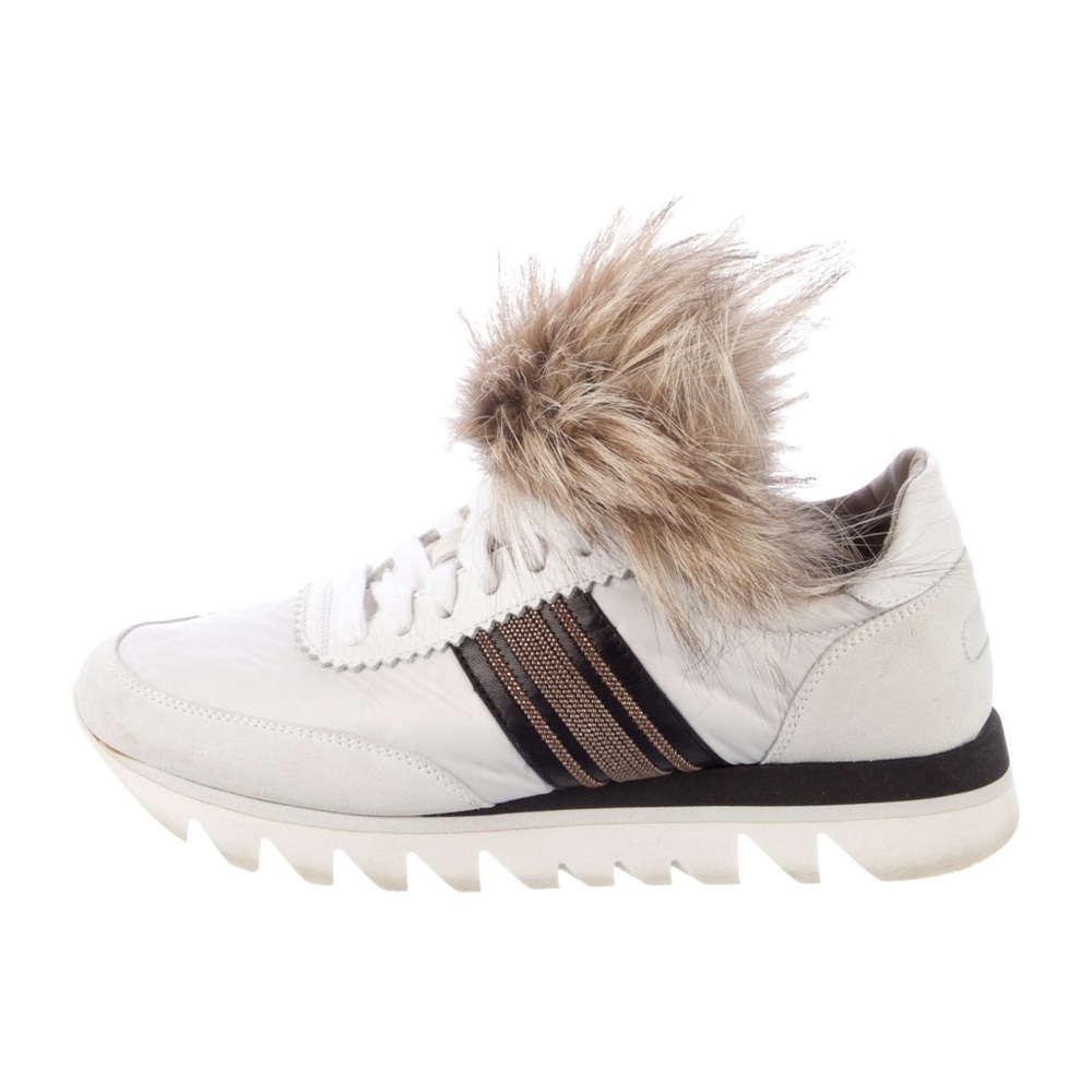 EUC Brunello Cucinelli White sneakers w/fur trim & monili, 37/7
